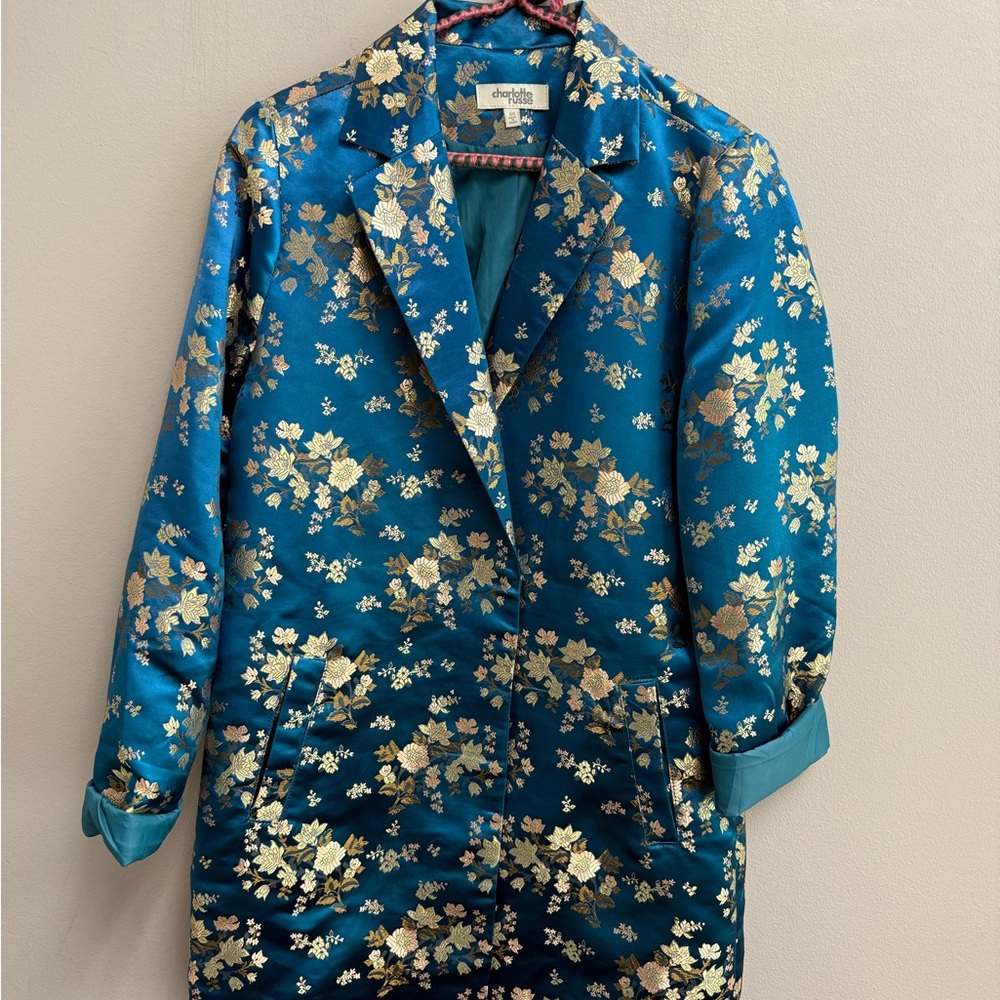 Charlotte Russe Asian  Teal and Gold Floral silky Blazer XS Y2K